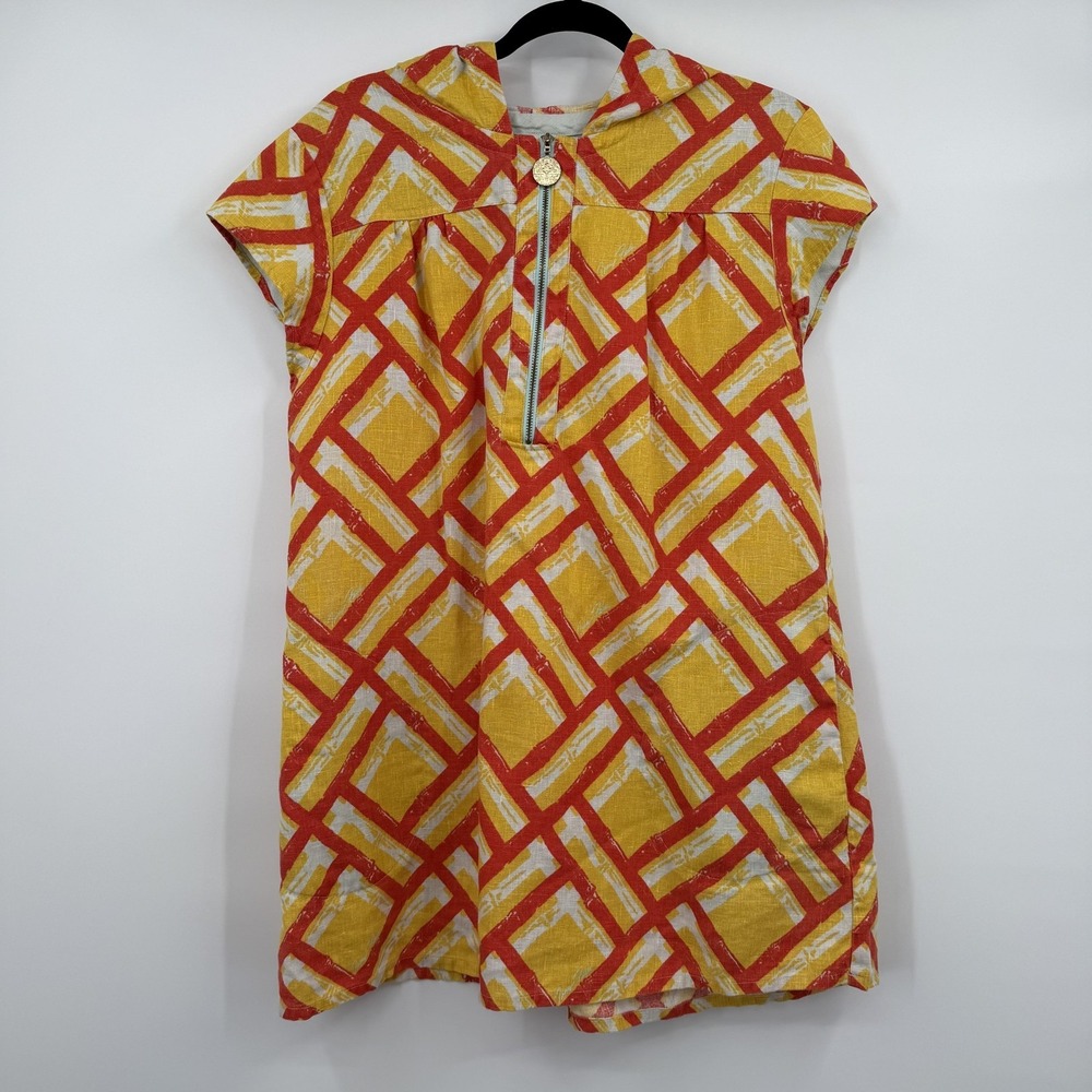 Tracy Feith Dress Womens Large Yellow Geometric Linen Shift Hooded Zip Retro